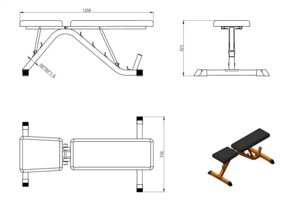 Pro Adjustable Bench AB-1600 StrongGear dimensions