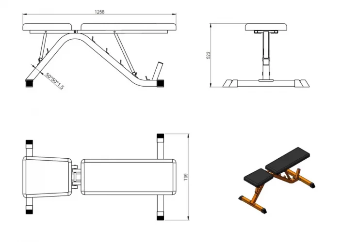 Pro Adjustable Bench AB-1600 StrongGear dimensions
